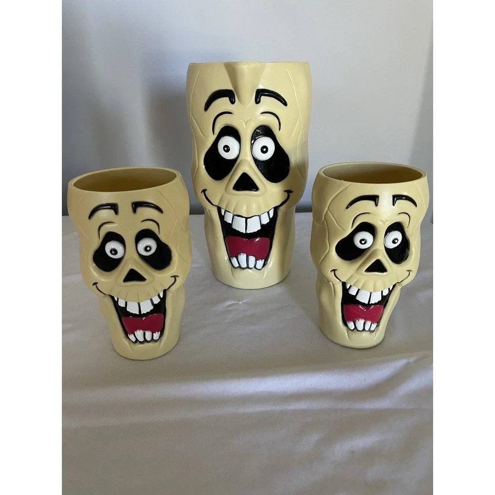 Vintage Halloween Pitcher And Cups Blow Mold Skeleton Skull Zombie
